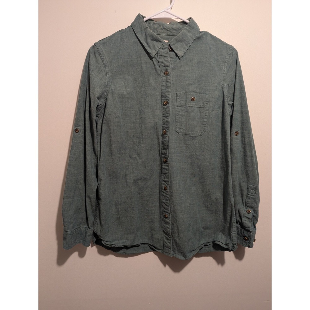 L.L. Bean Women's Cotton Button Front Shirt Long Sleeves Green Roll Up Cuffs XS